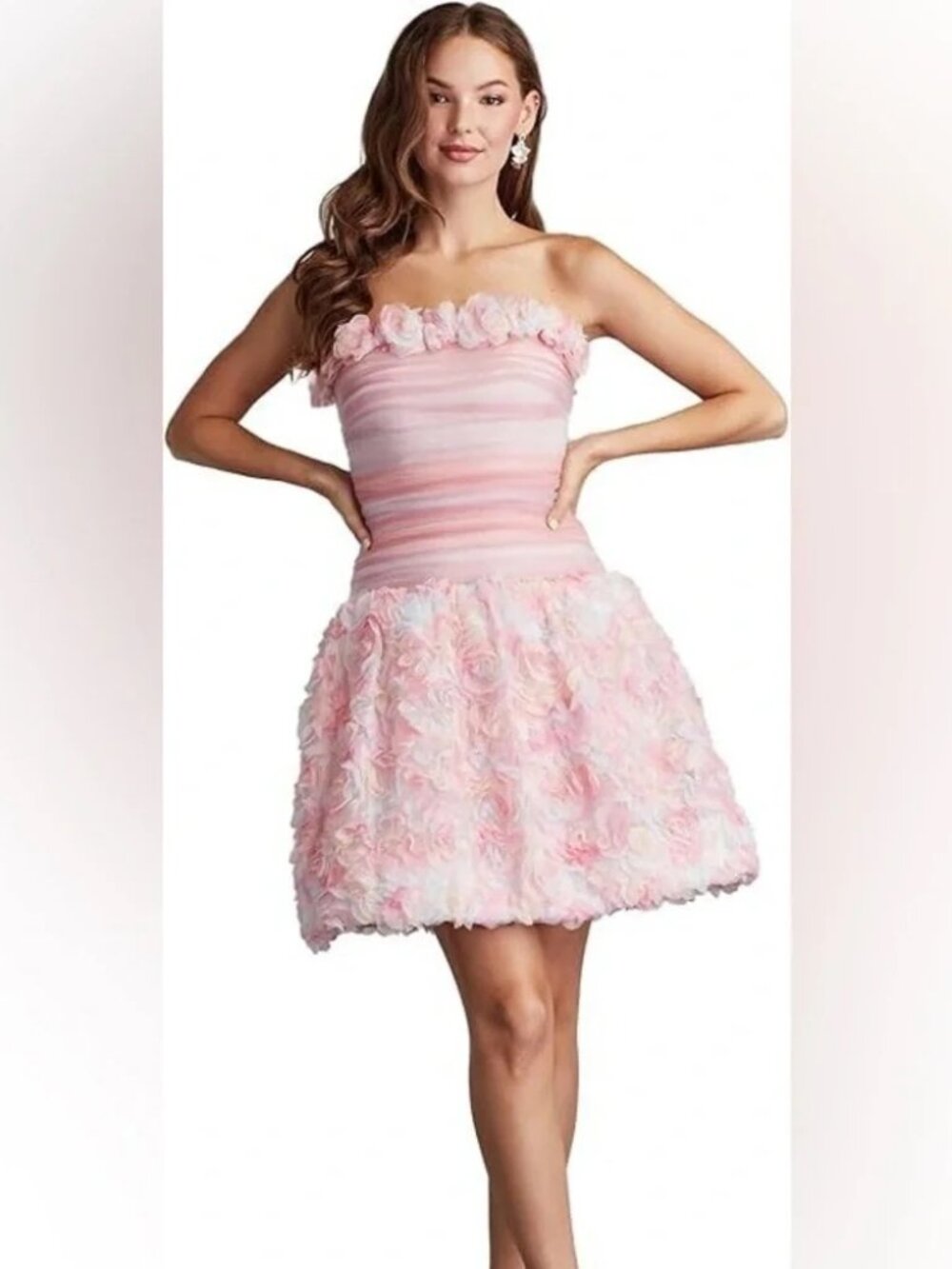 TADASHI SHOJI Pale Pink Akina Strapless Rosette Applique Mini Dress sz 4